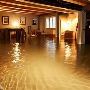 Pictured is a flooded finished basement. Floods cause propery damage and loss, mold and mildew and loss of time and loss of peace of mind. Installing a battery backup sump pump is much cheaper and smarter. 